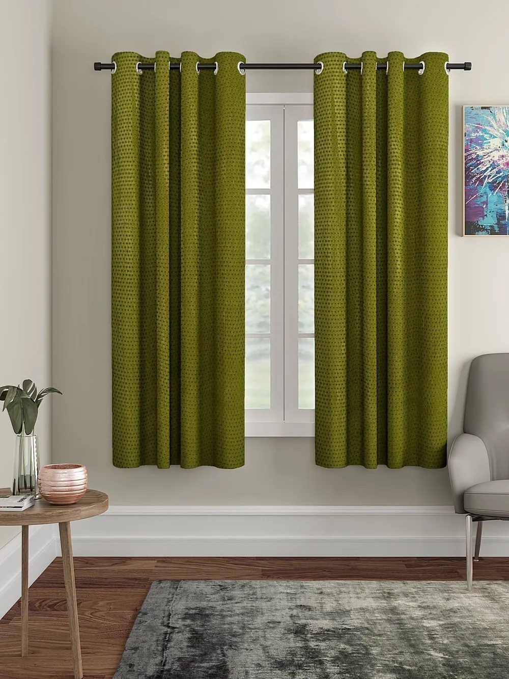 Cortina Sap Green  Designer Eyelet Window Curtain Pack Of 2