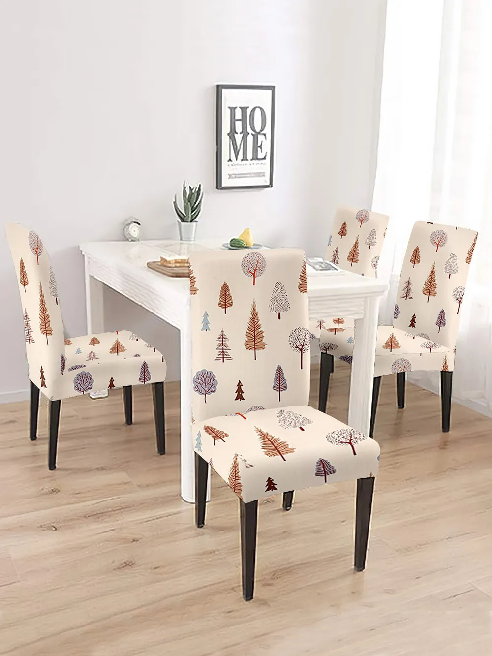 Cortina Spandex Stretchable Beige Leafy Print Polyester Chair Cover (Set of 2, 4 & 6)
