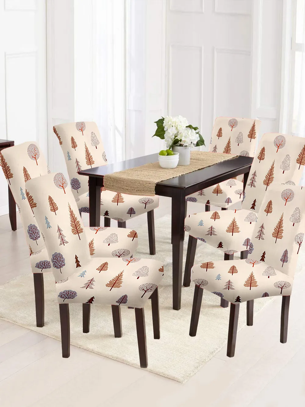 Cortina Spandex Stretchable Beige Leafy Print Polyester Chair Cover (Set of 2, 4 & 6)