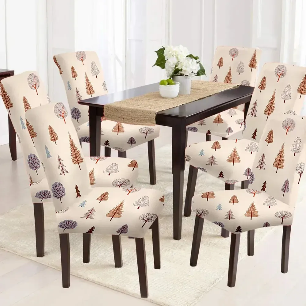 Cortina Spandex Stretchable Beige Leafy Print Polyester Chair Cover (Set of 2, 4 & 6) Pack of 2