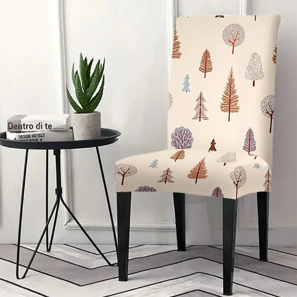 Cortina Spandex Stretchable Beige Leafy Print Polyester Chair Cover (Set of 2, 4 & 6) Pack of 2