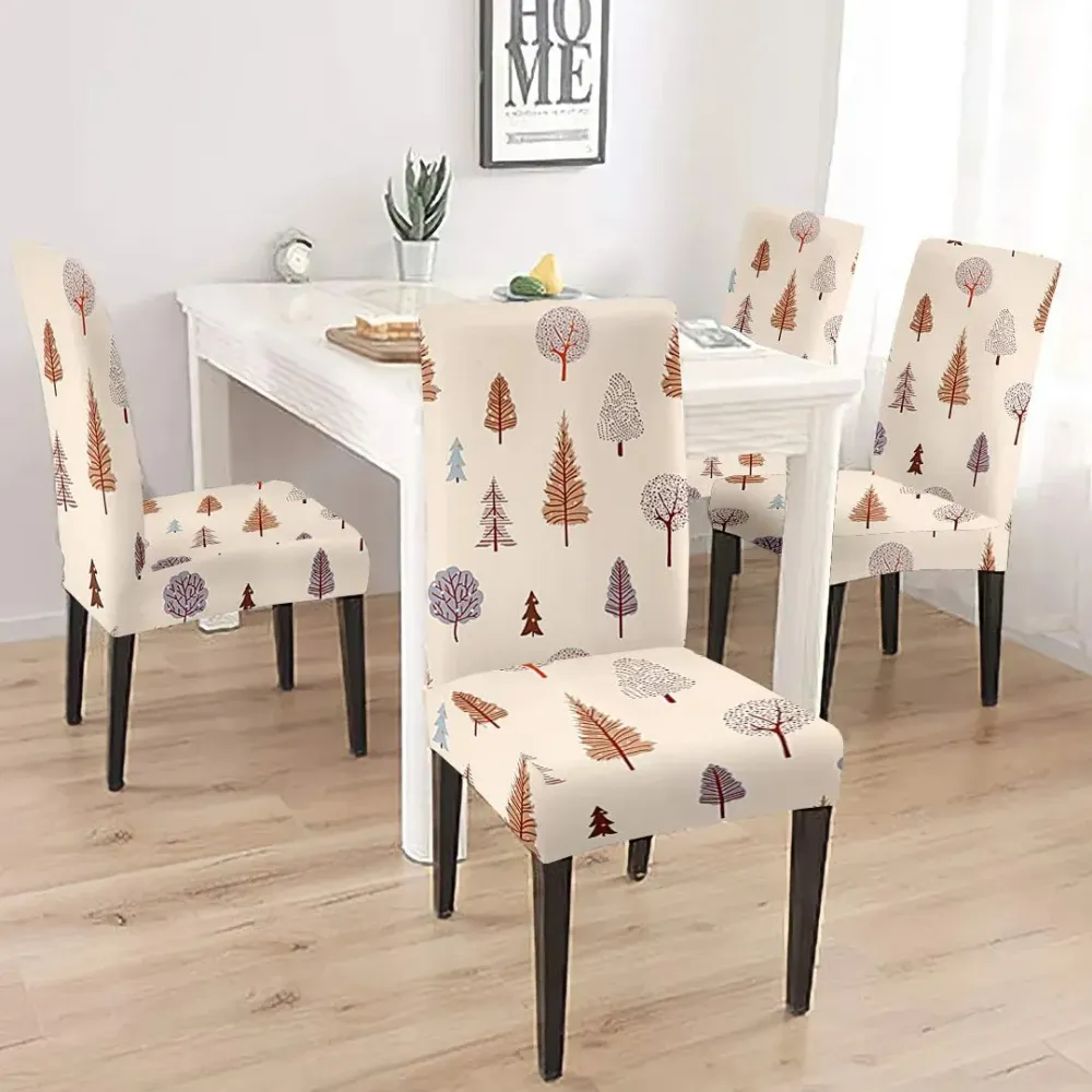 Cortina Spandex Stretchable Beige Leafy Print Polyester Chair Cover (Set of 2, 4 & 6) Pack of 2