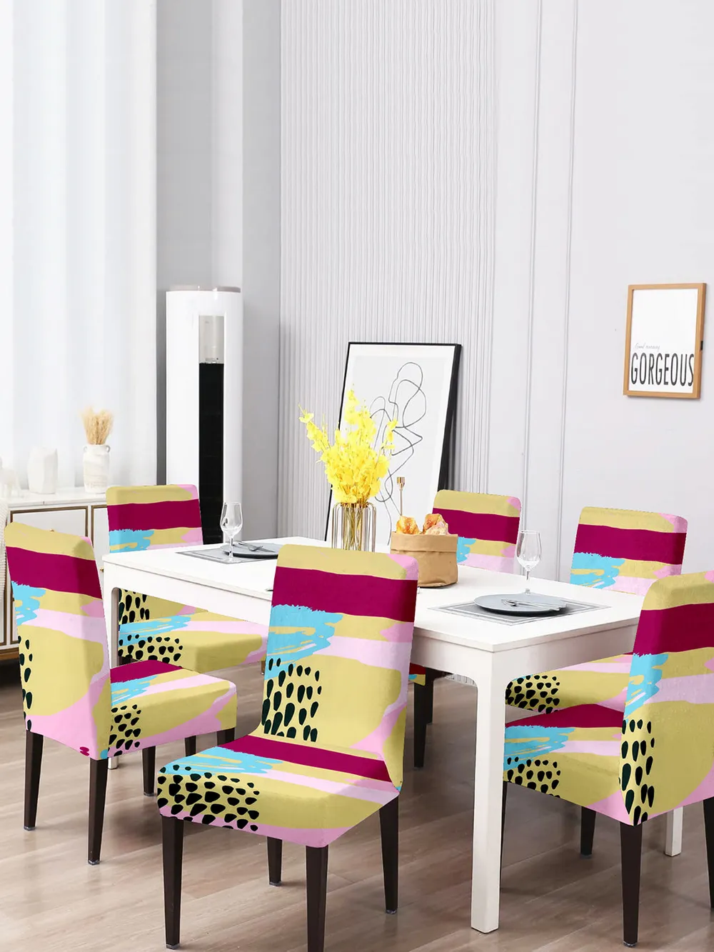 Cortina Spandex Stretchable Beige Striped Polyester Chair Cover (Set of 2, 4 & 6) Pack of 2