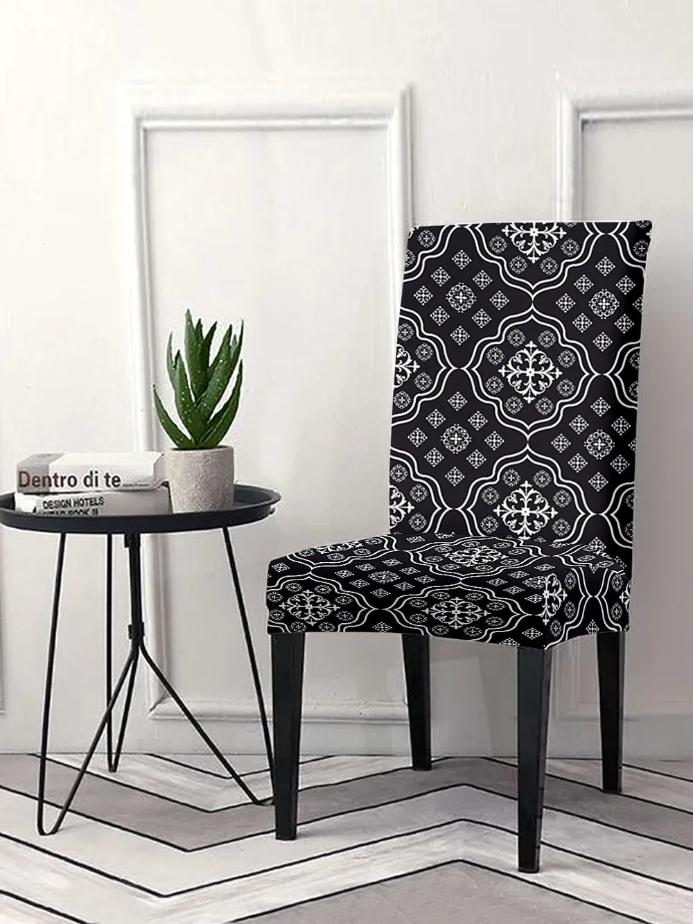 Cortina Spandex Stretchable Black Damask Polyester Chair Cover (Set of 2, 4 & 6) Pack of 2