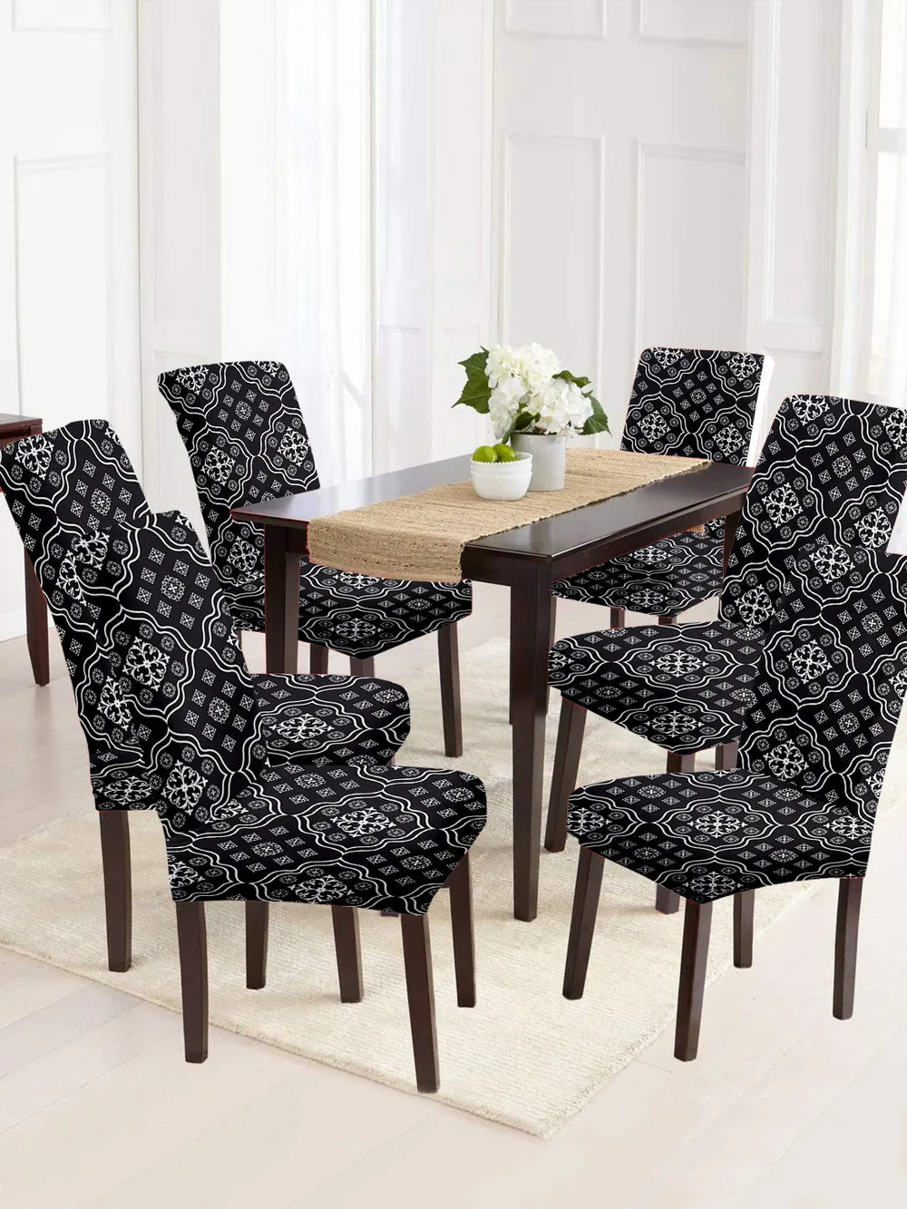 Cortina Spandex Stretchable Black Damask Polyester Chair Cover (Set of 2, 4 & 6) Pack of 2