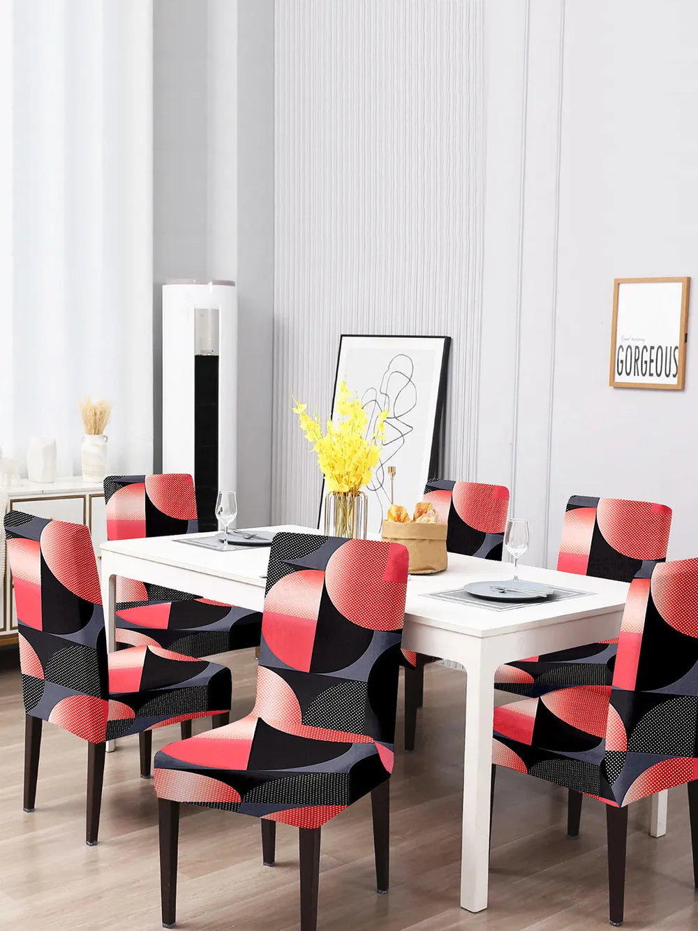 Cortina Spandex Stretchable Black Floral Print Polyester Chair Cover (Set of 2, 4 & 6) Pack of 2