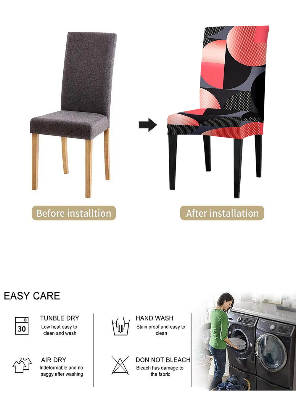 Cortina Spandex Stretchable Black Floral Print Polyester Chair Cover (Set of 2, 4 & 6) Pack of 2