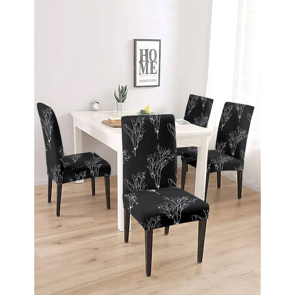 Cortina Spandex Stretchable Black Leafy Print Polyester Chair Cover (Set of 2, 4 & 6) Pack of 2