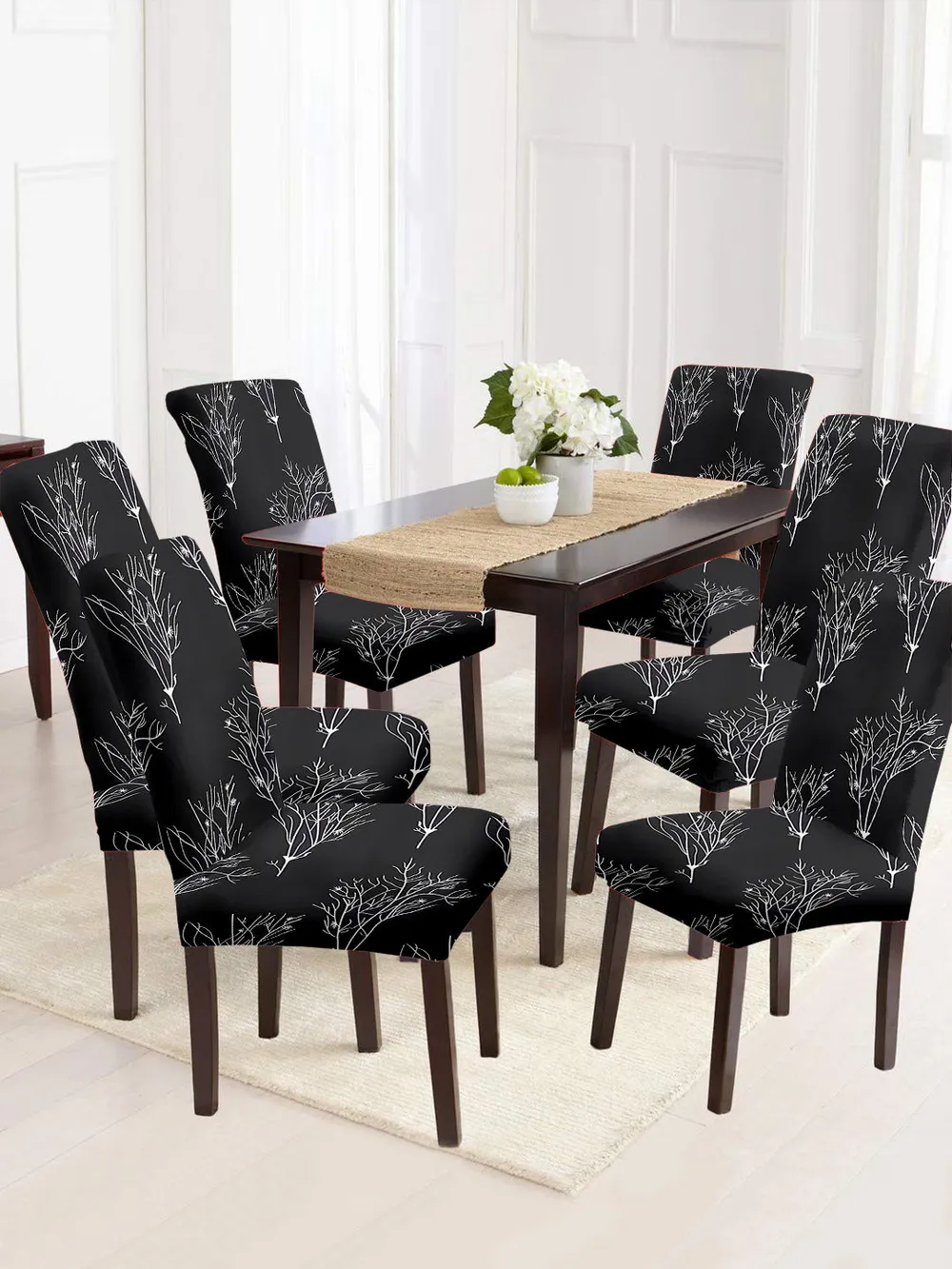 Cortina Spandex Stretchable Black Leafy Print Polyester Chair Cover (Set of 2, 4 & 6) Pack of 2