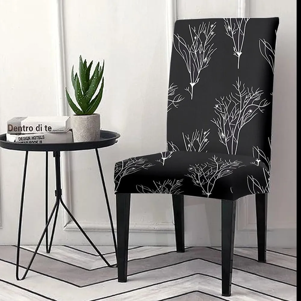 Cortina Spandex Stretchable Black Leafy Print Polyester Chair Cover (Set of 2, 4 & 6) Pack of 2