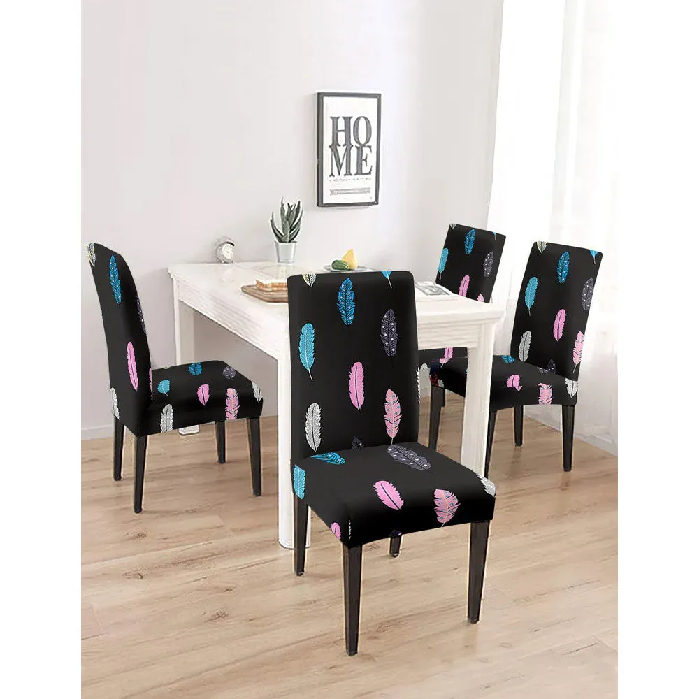 Cortina Spandex Stretchable Black Leafy Print Polyester Chair Cover (Set of 2,4 & 6) Pack of 2