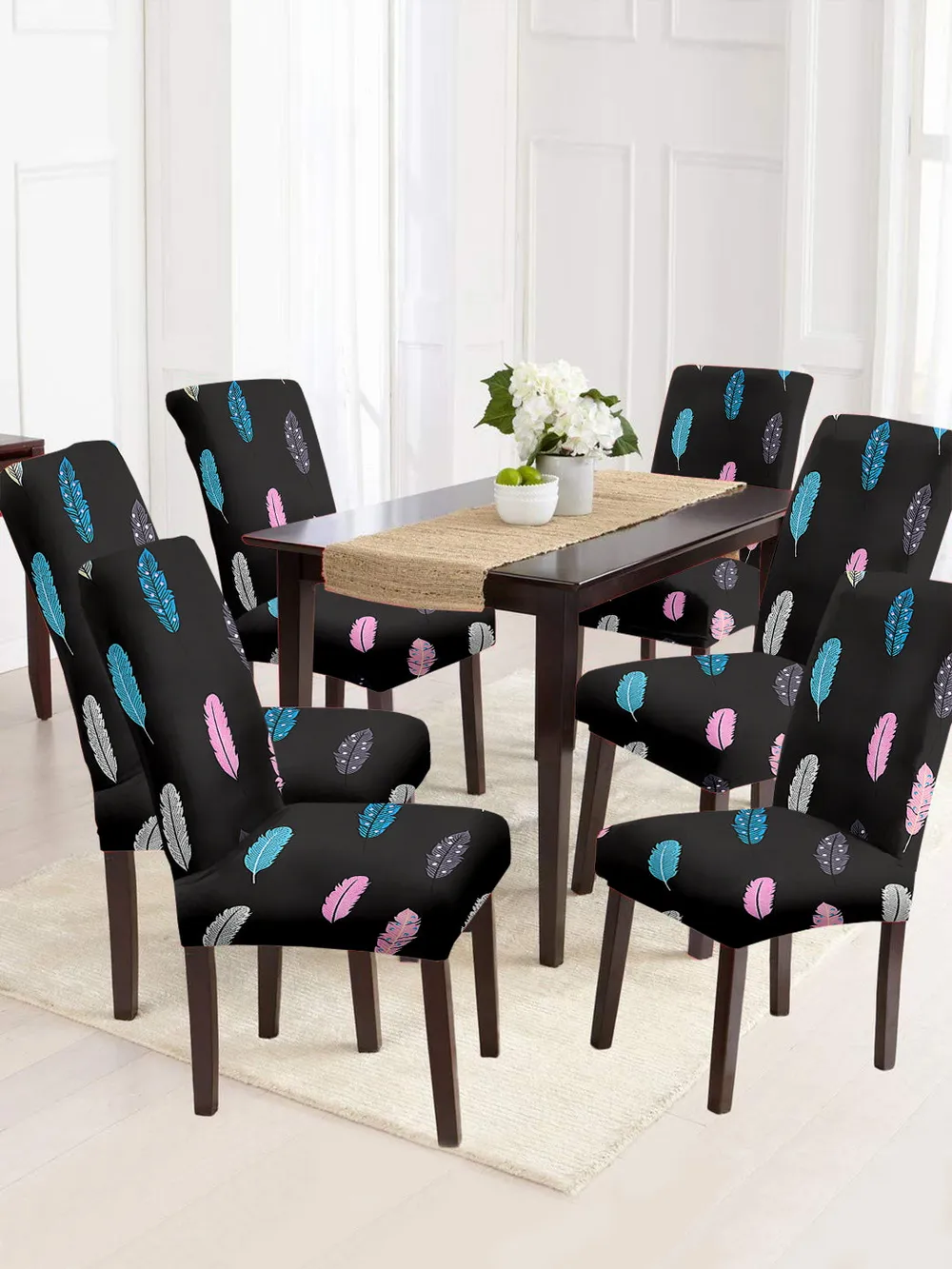 Cortina Spandex Stretchable Black Leafy Print Polyester Chair Cover (Set of 2,4 & 6) Pack of 2
