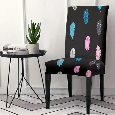 Cortina Spandex Stretchable Black Leafy Print Polyester Chair Cover (Set of 2,4 & 6)