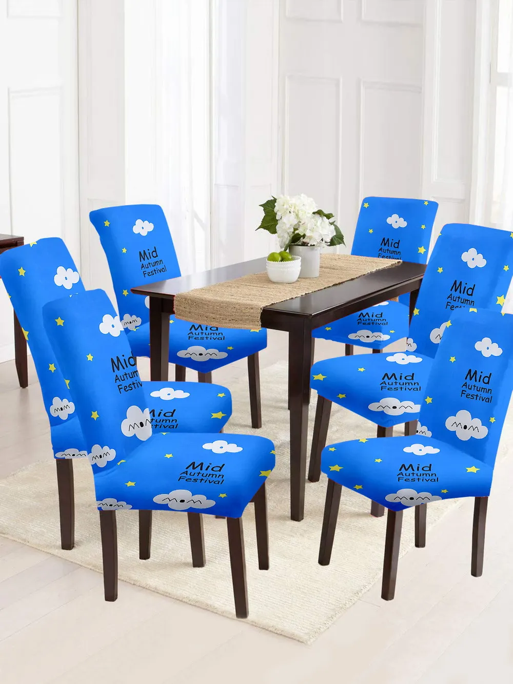 Cortina Spandex Stretchable Blue Abstract Print Polyester Chair Cover (Set of 2, 4 & 6) Pack of 2