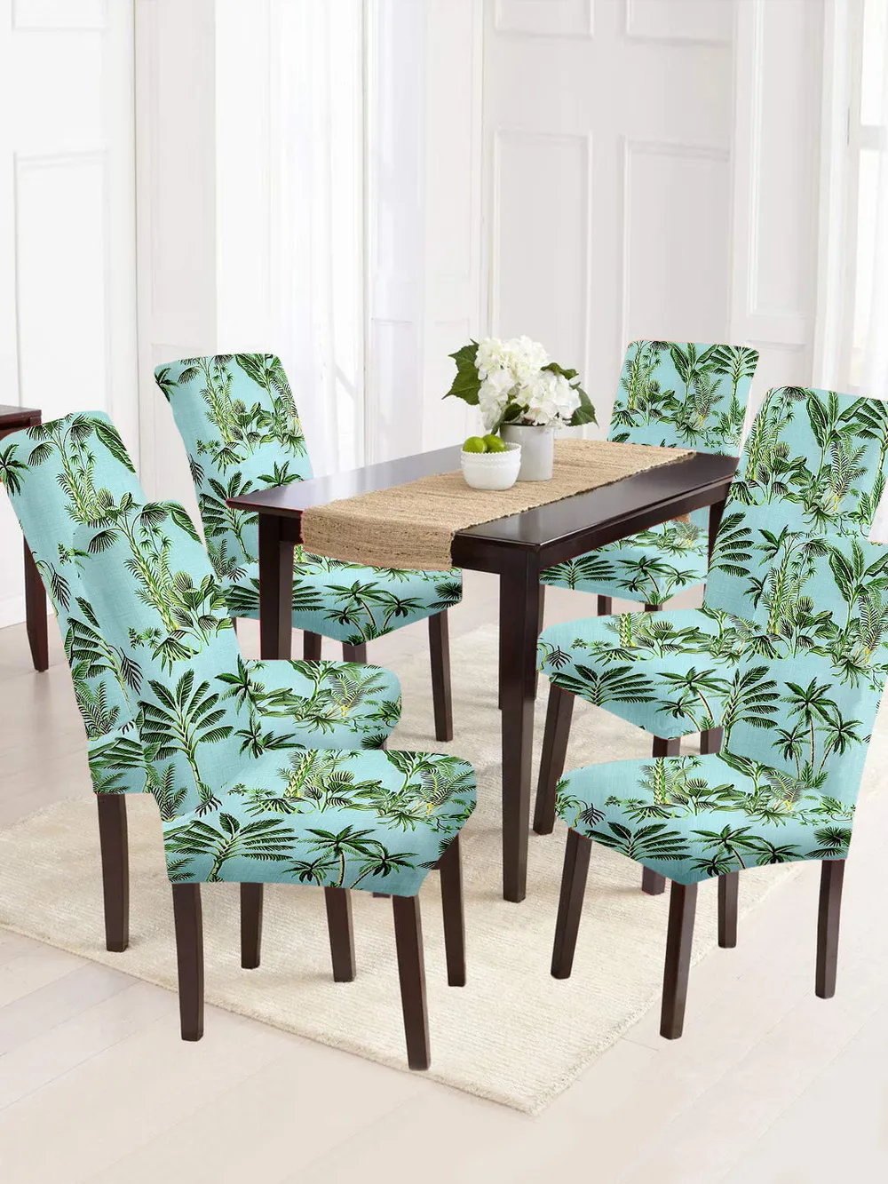 Cortina Spandex Stretchable Blue Floral Print Polyester Chair Cover (Set of 2, 4 & 6) Pack of 2