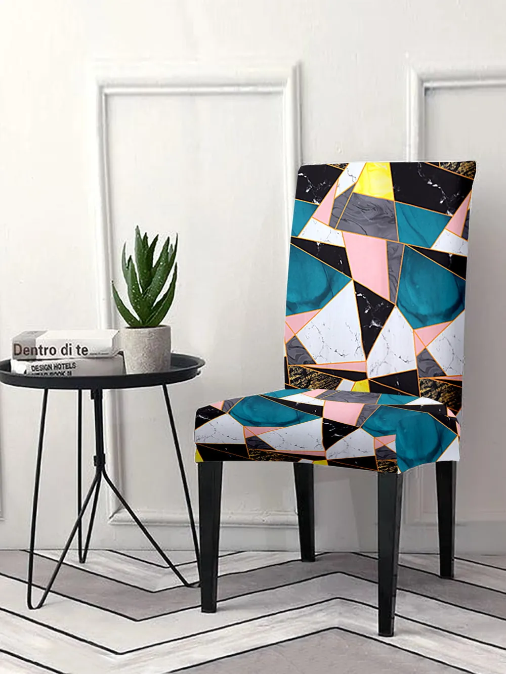 Cortina Spandex Stretchable Blue Geometric Print Polyester Chair Cover (Set of 2, 4 & 6) Pack of 2