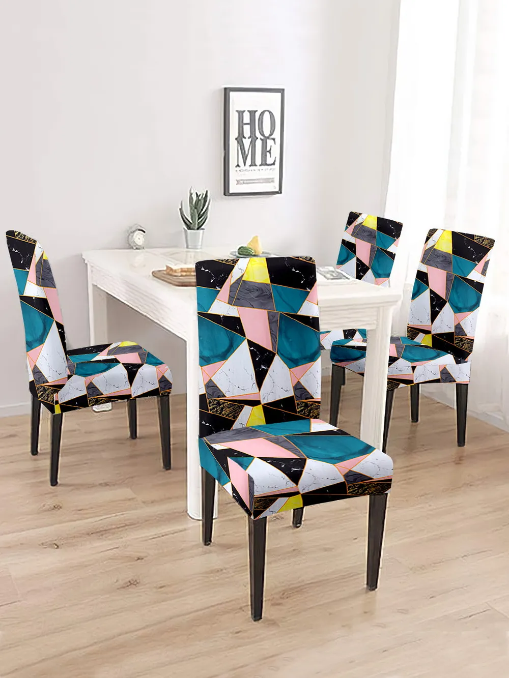 Cortina Spandex Stretchable Blue Geometric Print Polyester Chair Cover (Set of 2, 4 & 6) Pack of 2