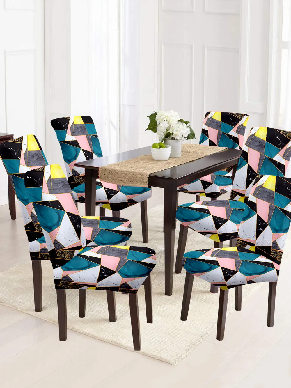 Cortina Spandex Stretchable Blue Geometric Print Polyester Chair Cover (Set of 2, 4 & 6) Pack of 2