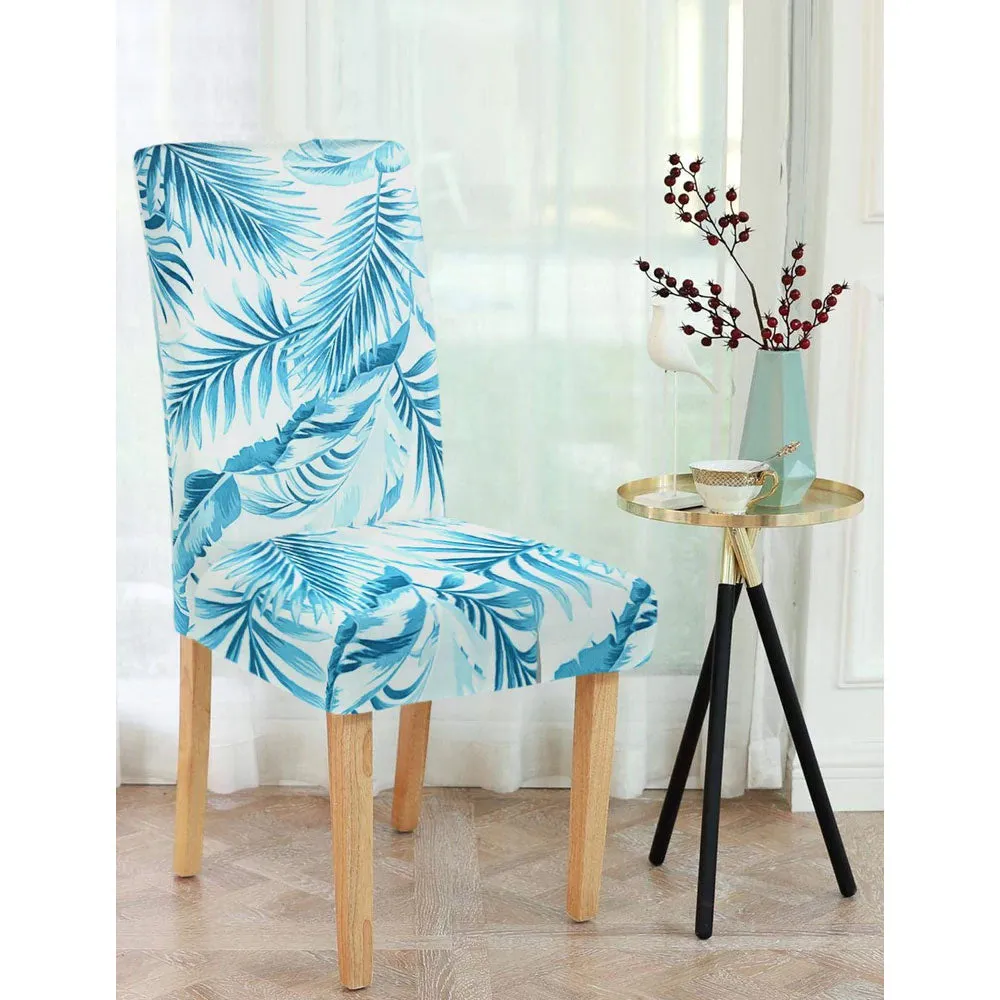 Cortina Spandex Stretchable Blue Leaf Printed Elastic Chair Cover Pack of 2