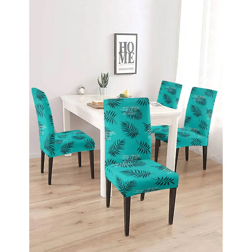 Cortina Spandex Stretchable Blue Leafy Print Polyester Chair Cover (Set of 2, 4 & 6) Pack of 2