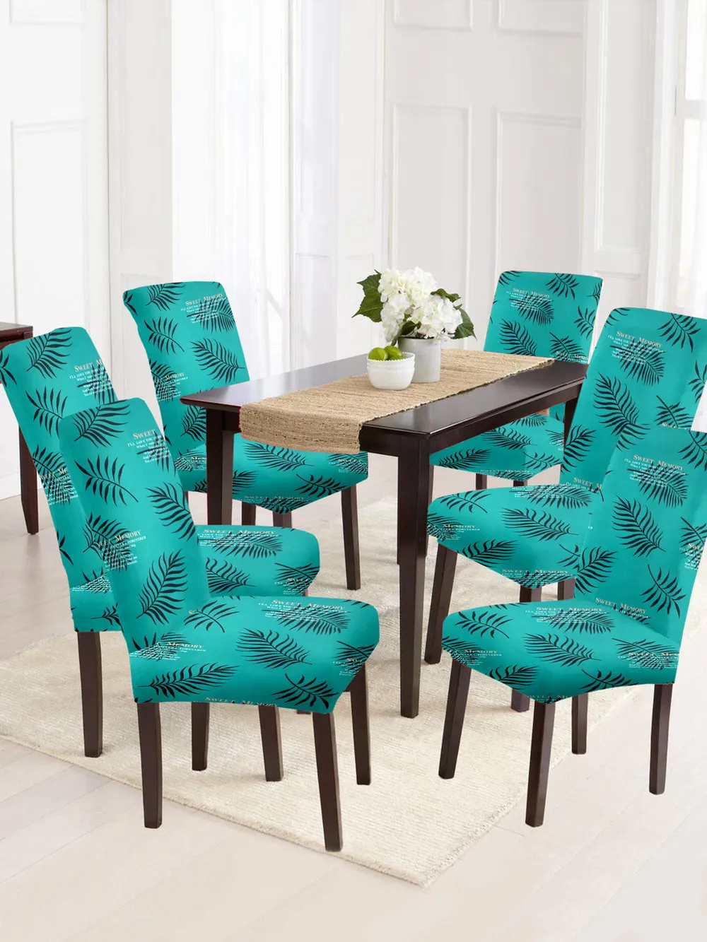 Cortina Spandex Stretchable Blue Leafy Print Polyester Chair Cover (Set of 2, 4 & 6) Pack of 2