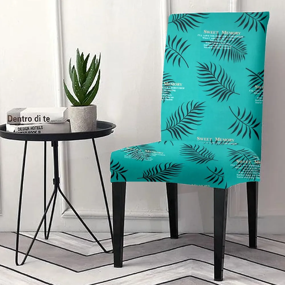Cortina Spandex Stretchable Blue Leafy Print Polyester Chair Cover (Set of 2, 4 & 6) Pack of 2