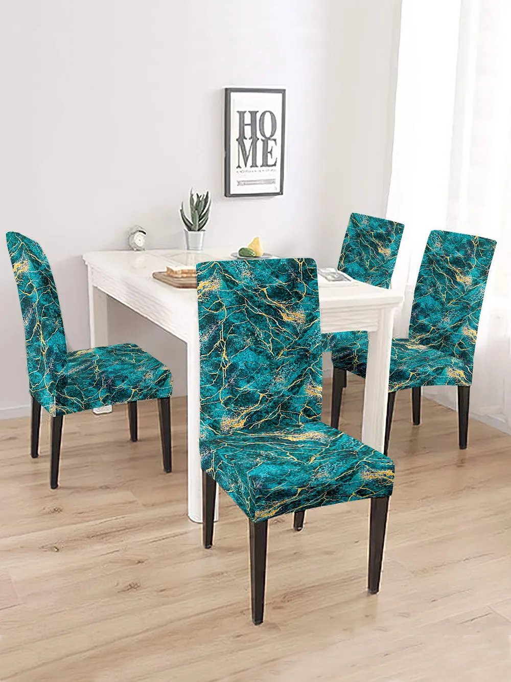 Cortina Spandex Stretchable Blue Marble Print Polyester Chair Cover (Set of 2, 4 & 6) Pack of 2