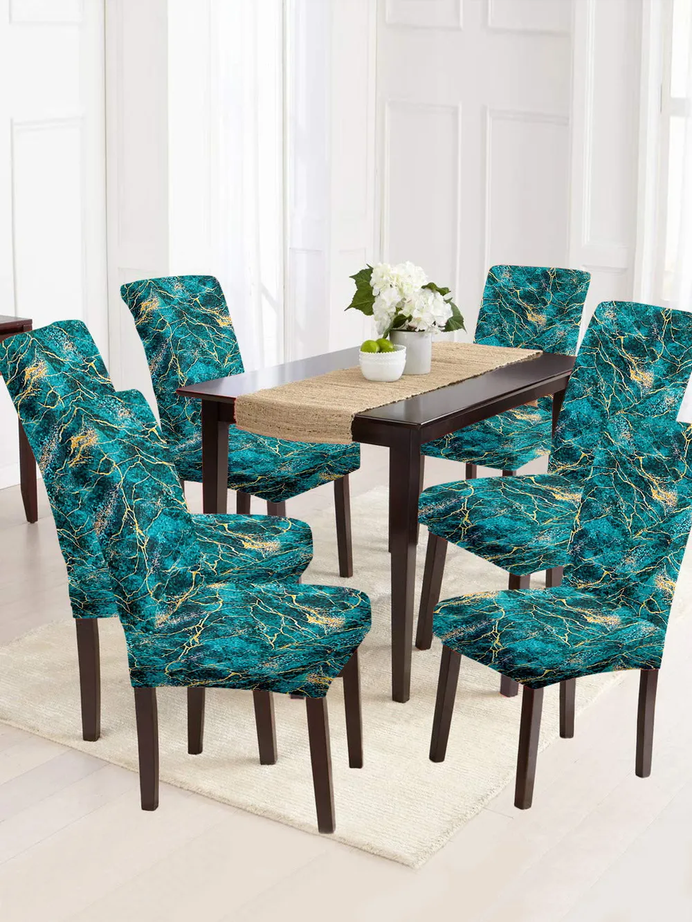 Cortina Spandex Stretchable Blue Marble Print Polyester Chair Cover (Set of 2, 4 & 6) Pack of 2