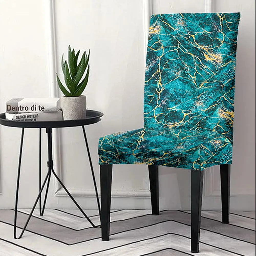 Cortina Spandex Stretchable Blue Marble Print Polyester Chair Cover (Set of 2, 4 & 6) Pack of 2