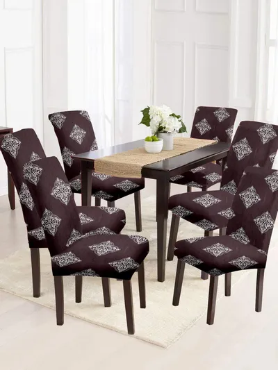 Cortina Spandex Stretchable Brown Damask Polyester Chair Cover (Set of 2, 4 & 6)