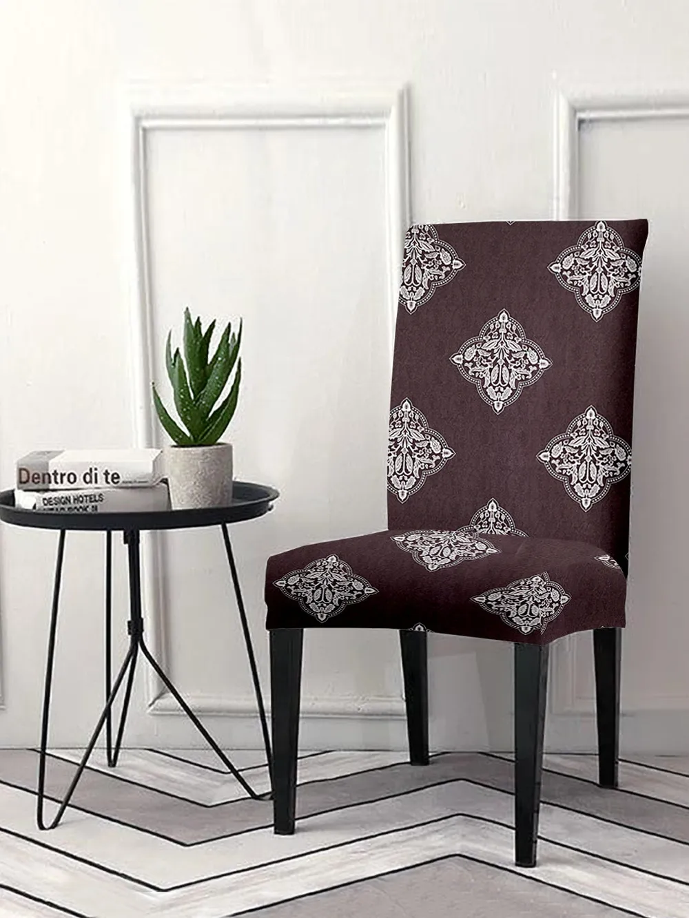 Cortina Spandex Stretchable Brown Damask Polyester Chair Cover (Set of 2, 4 & 6) Pack of 2