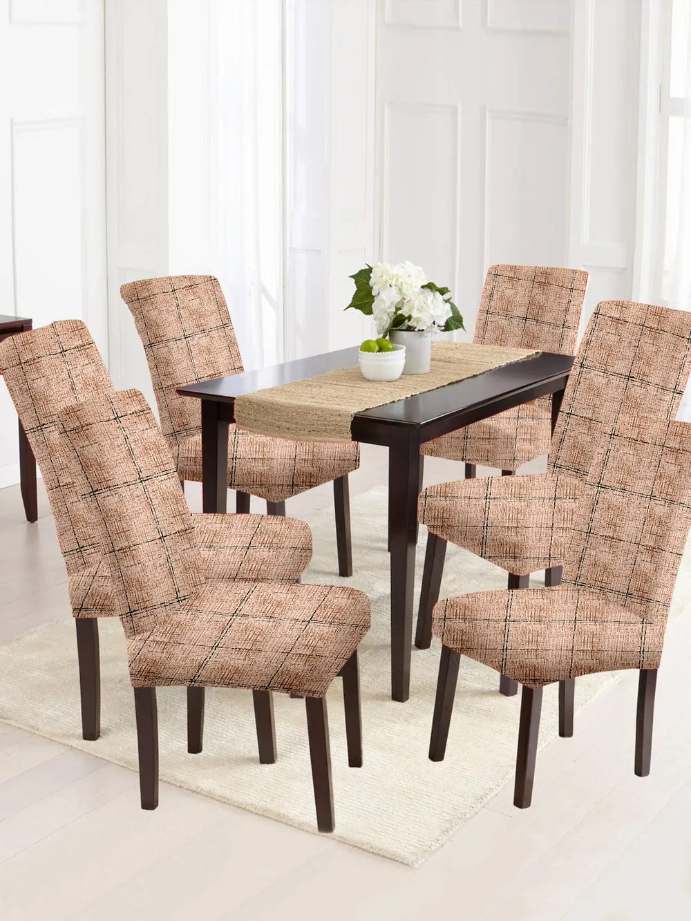 Cortina Spandex Stretchable Brown Geometric Print Polyester Chair Cover (Set of 2, 4 & 6) Pack of 2