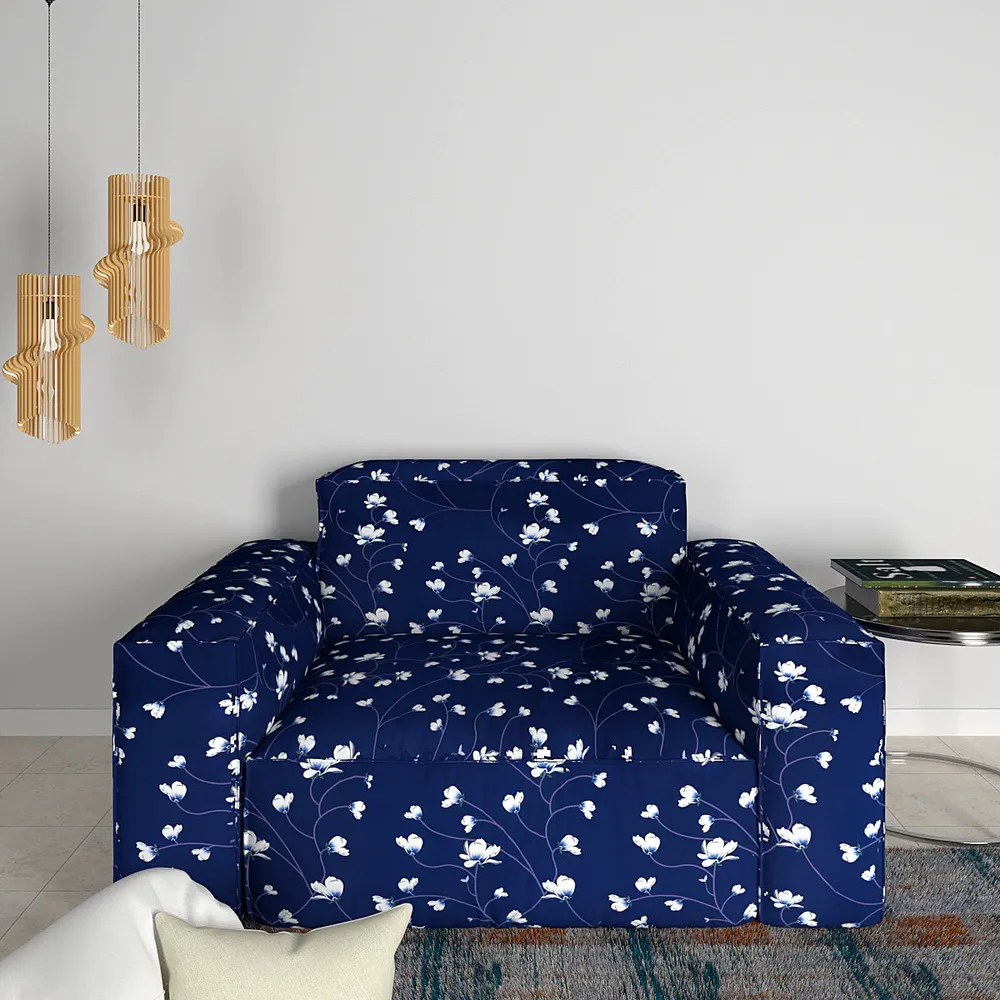 Cortina Spandex Stretchable Floral Print Blue Sofa Slipcover One Seater Sofa Slipcover