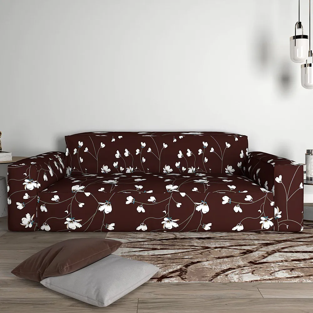 Cortina Spandex Stretchable Floral Print Brown Sofa Slip cover One Seater Sofa Slipcover