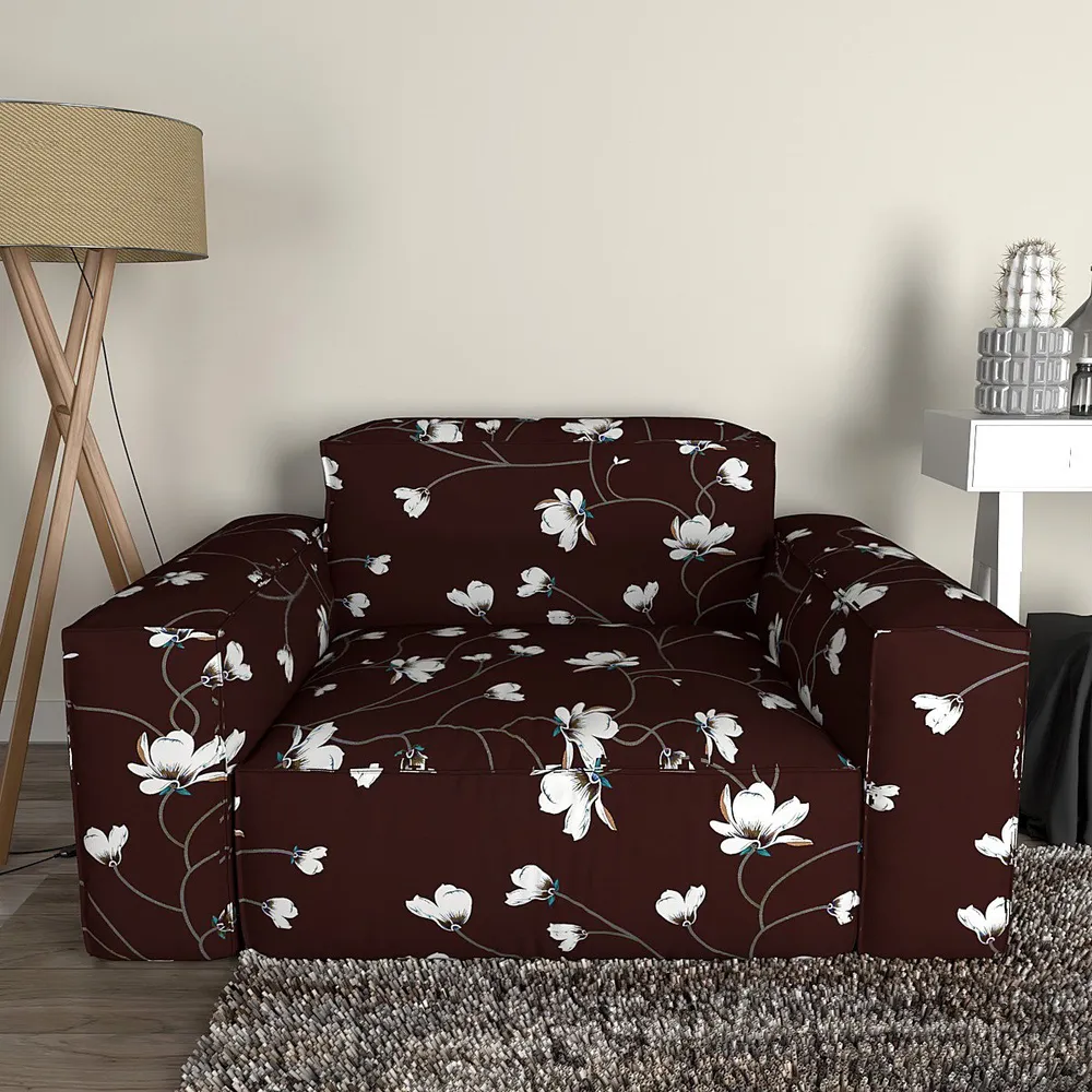 Cortina Spandex Stretchable Floral Print Brown Sofa Slip cover One Seater Sofa Slipcover