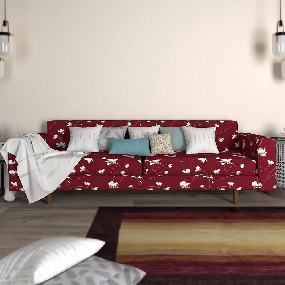 Cortina Spandex Stretchable Floral Print Maroon Sofa Slipcover One Seater Sofa Slipcover