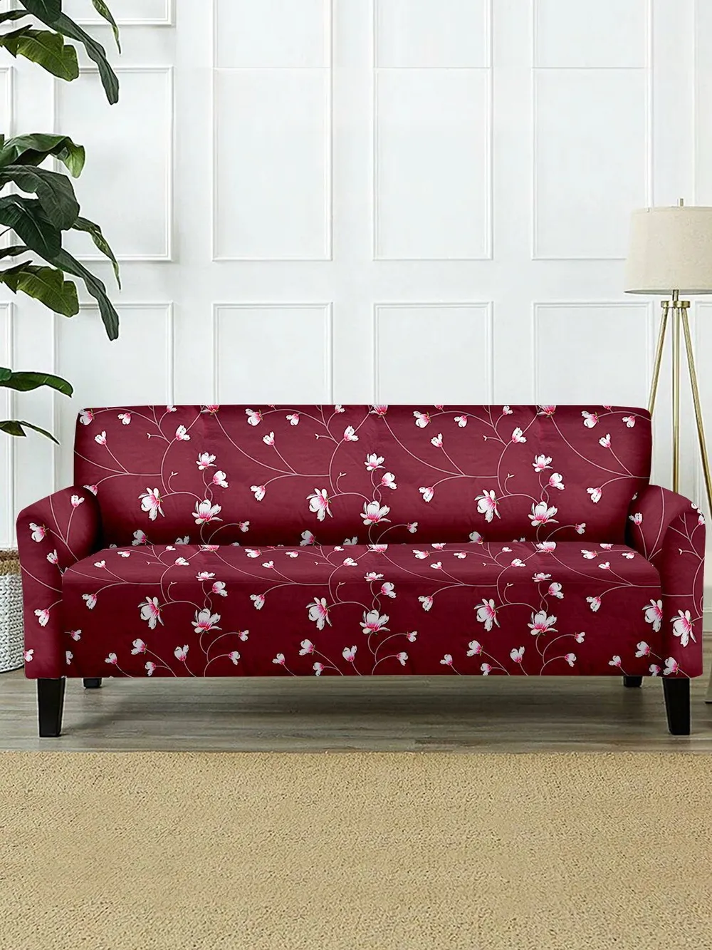 Cortina Spandex Stretchable Floral Print Maroon Sofa Slipcover One Seater Sofa Slipcover