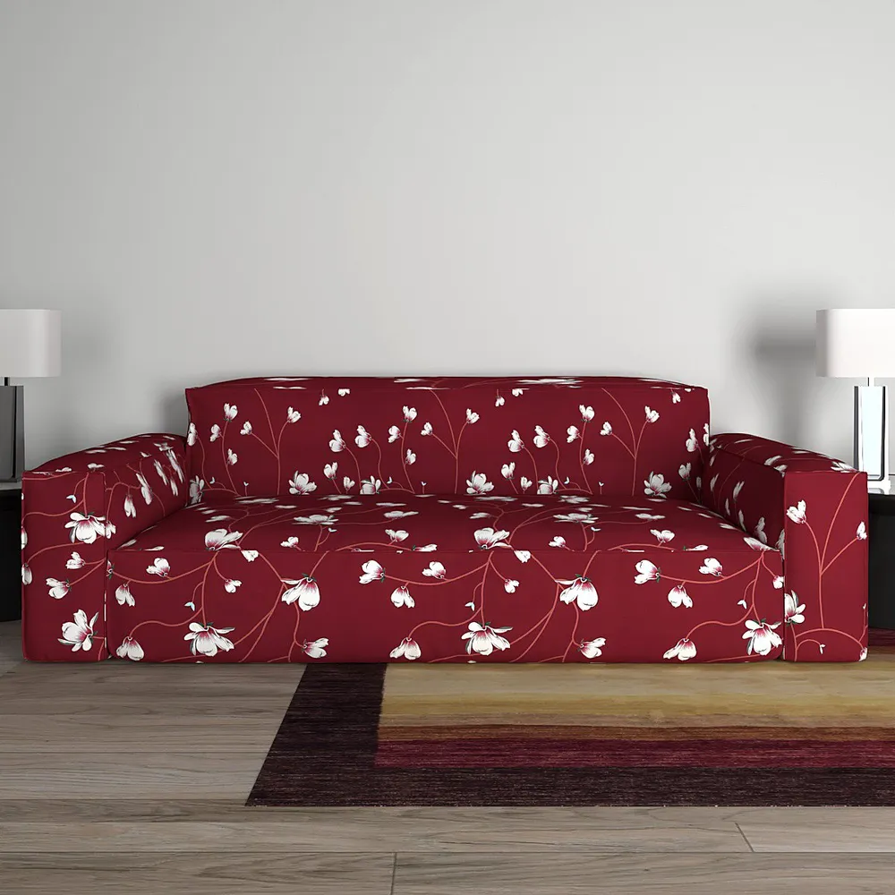 Cortina Spandex Stretchable Floral Print Maroon Sofa Slipcover One Seater Sofa Slipcover
