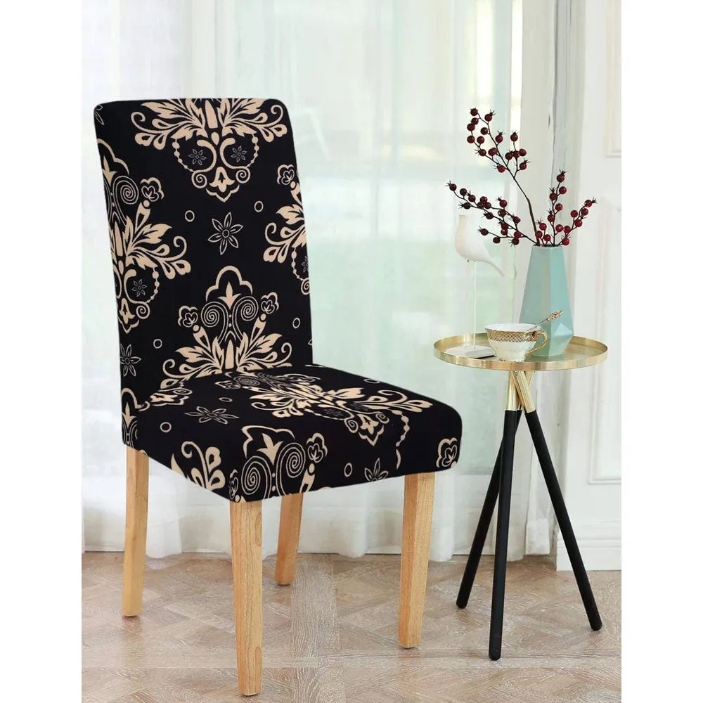Cortina Spandex Stretchable Floral Printed Elastic Black Chair Cover Pack of 2