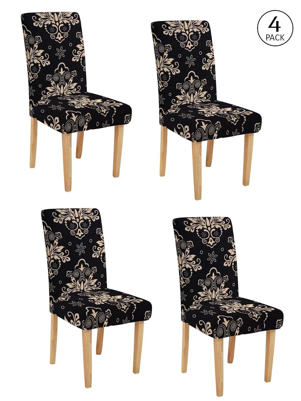 Cortina Spandex Stretchable Floral Printed Elastic Black Chair Cover Pack of 2