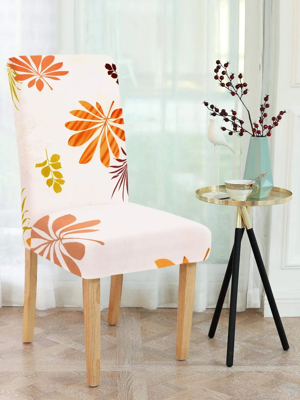 Cortina Spandex Stretchable Floral Printed Elastic White Chair Cover Pack of 2