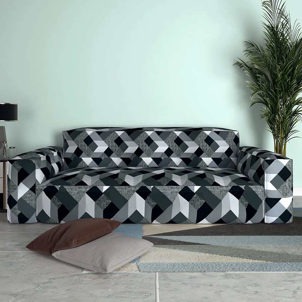 Cortina Spandex Stretchable Geometric Print Grey Sofa Slip cover One Seater Sofa Slipcover