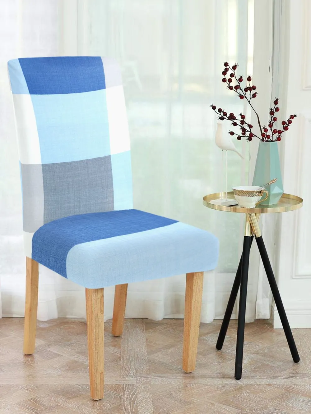 Cortina Spandex Stretchable Geometric Printed Elastic Blue Chair Cover Pack of 2