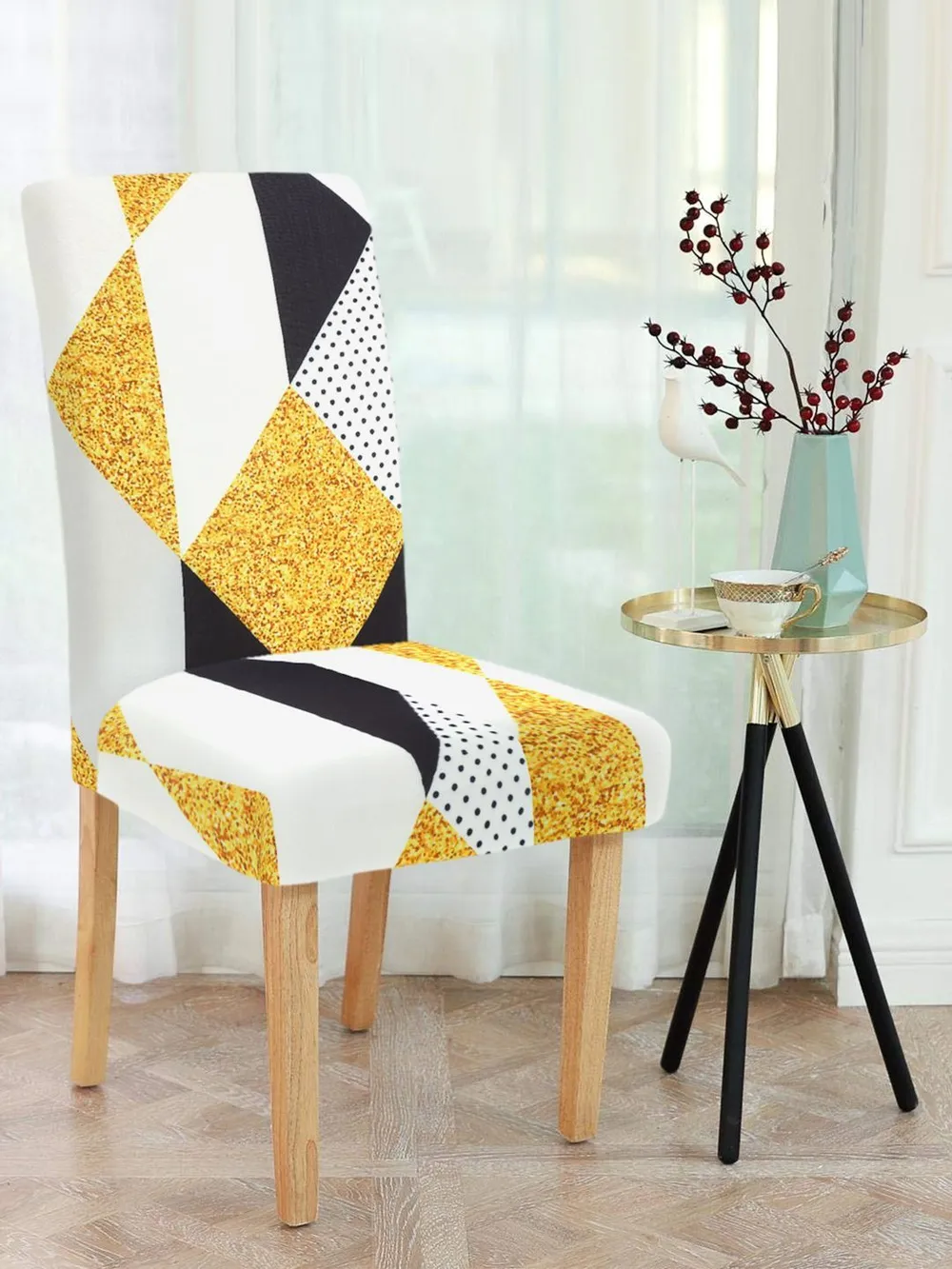 Cortina Spandex Stretchable Geometric Printed Elastic Yellow Chair Cover Pack of 2