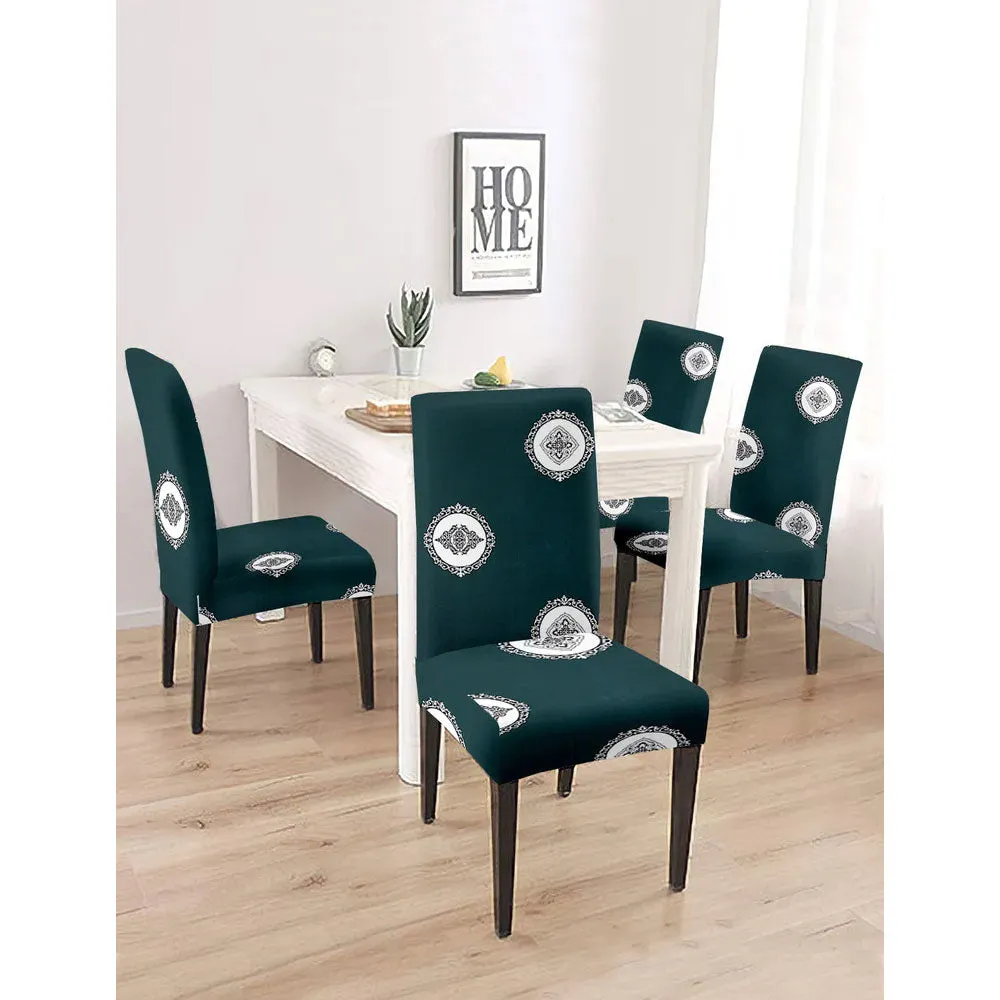 Cortina Spandex Stretchable Green Floral Printed Polyester Chair Cover (Set of 1, 4 & 6) Pack of 2