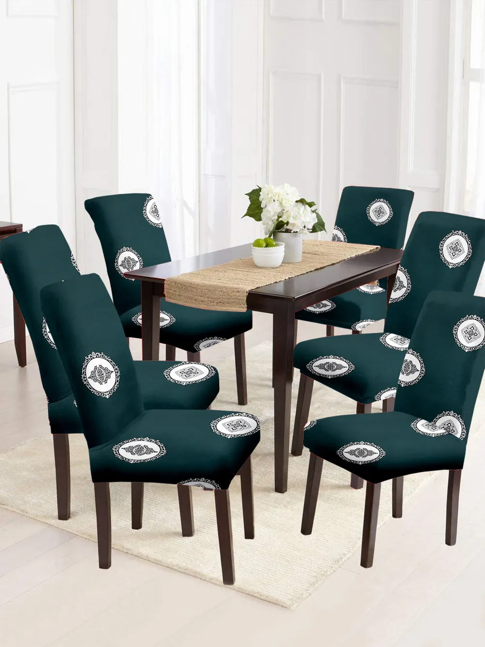 Cortina Spandex Stretchable Green Floral Printed Polyester Chair Cover (Set of 1, 4 & 6) Pack of 2