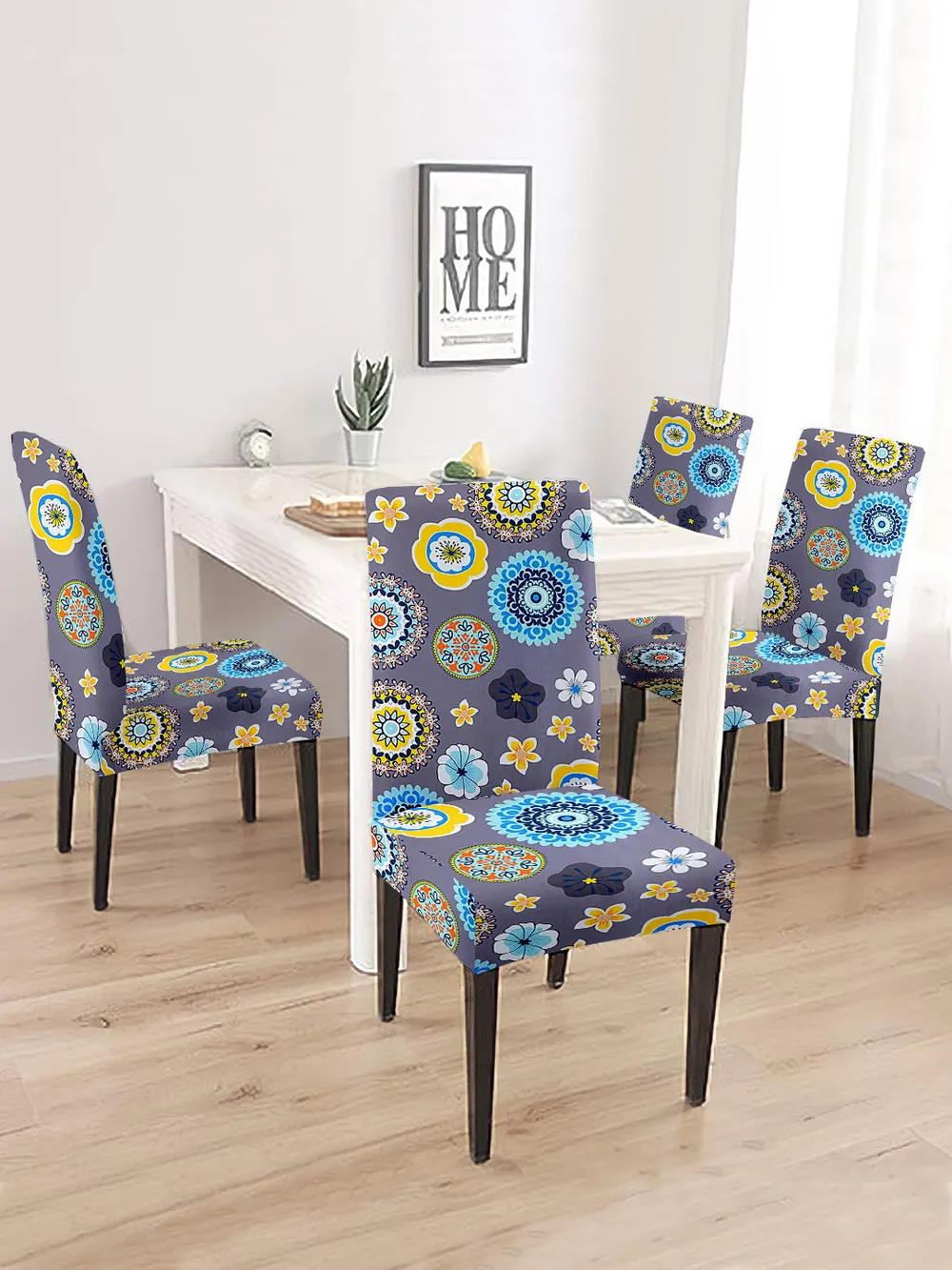 Cortina Spandex Stretchable Grey Floral Printed Polyester Chair Cover (Set of 2, 4 & 6) Pack of 2