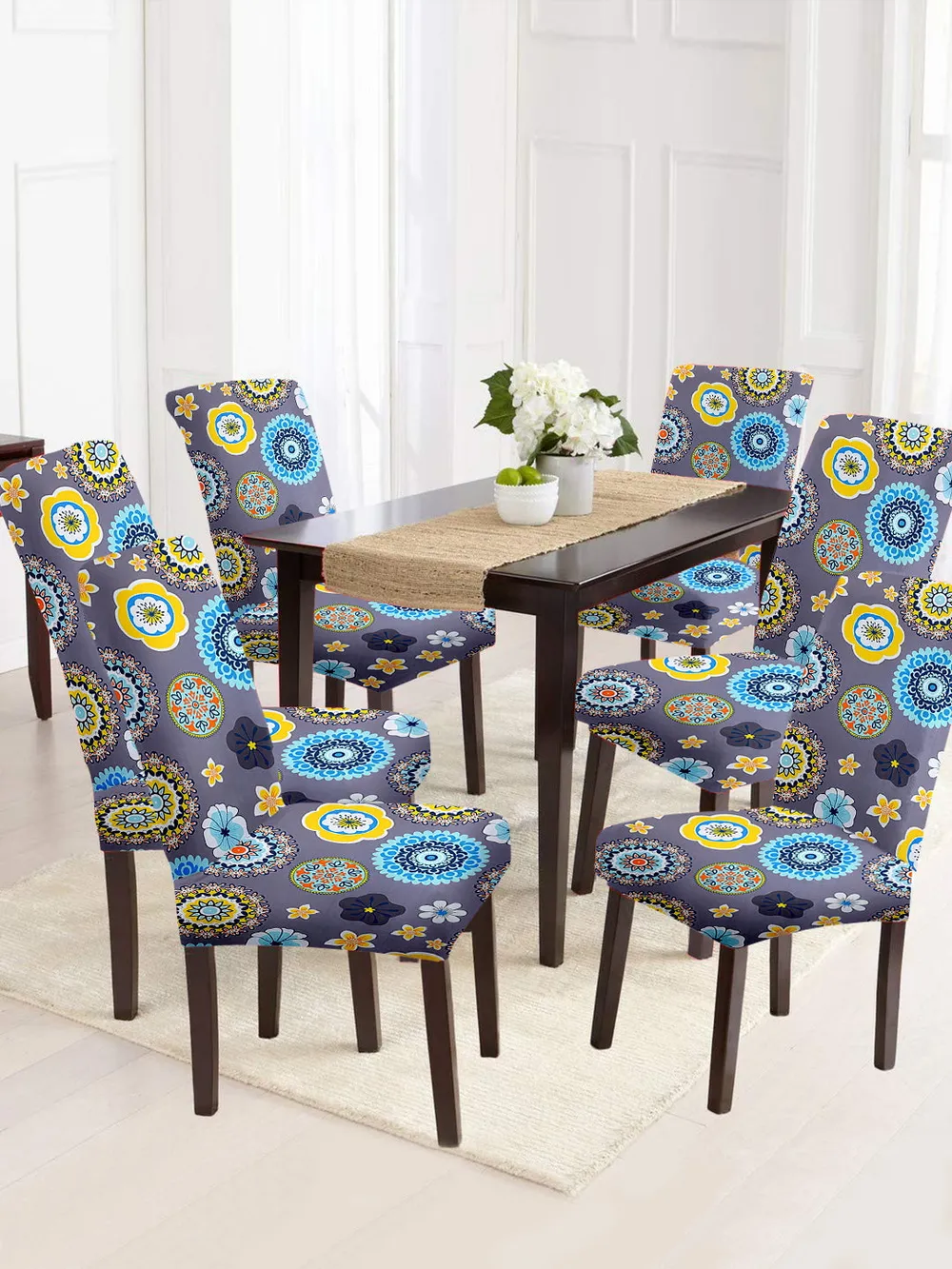 Cortina Spandex Stretchable Grey Floral Printed Polyester Chair Cover (Set of 2, 4 & 6) Pack of 2