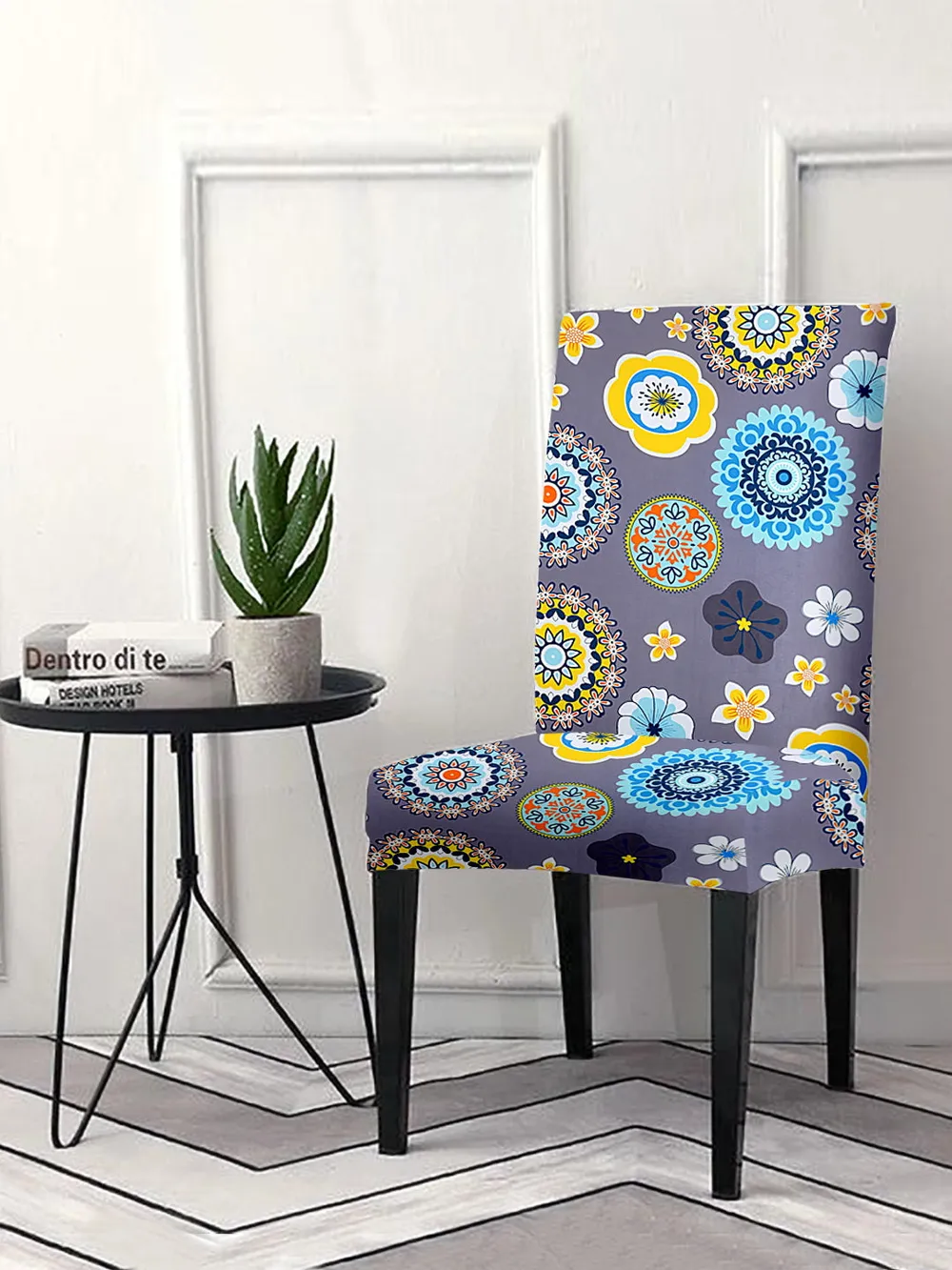 Cortina Spandex Stretchable Grey Floral Printed Polyester Chair Cover (Set of 2, 4 & 6) Pack of 2