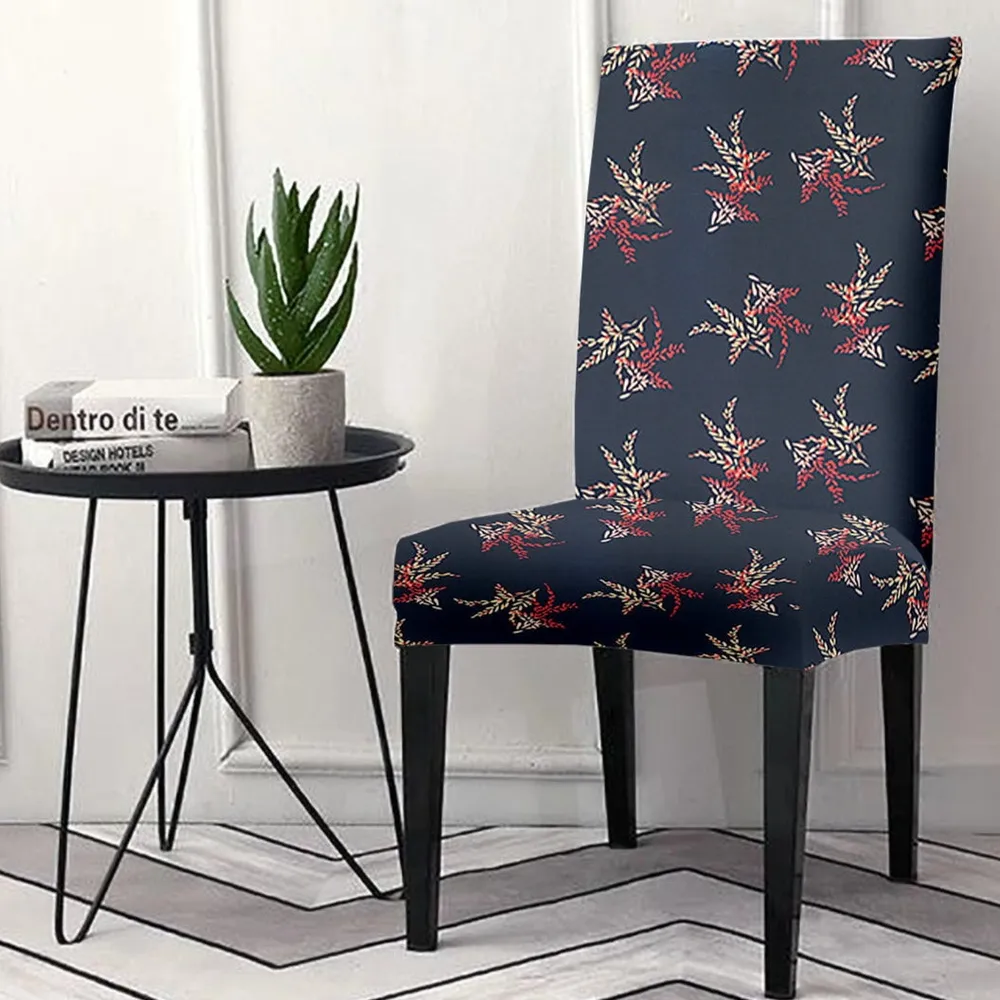 Cortina Spandex Stretchable Grey Leafy Print Polyester Chair Cover (Set of 2, 4 & 6) Pack of 2